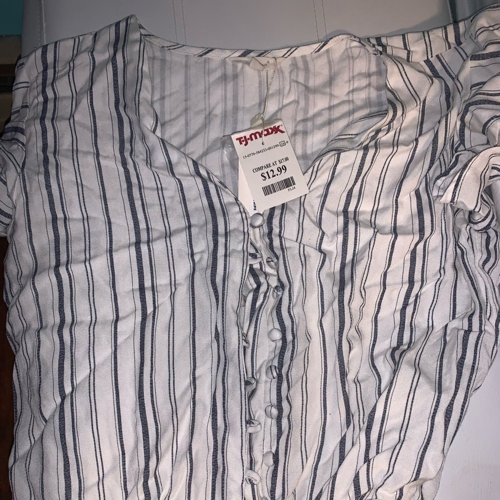 Tie front blue and white striped button down top